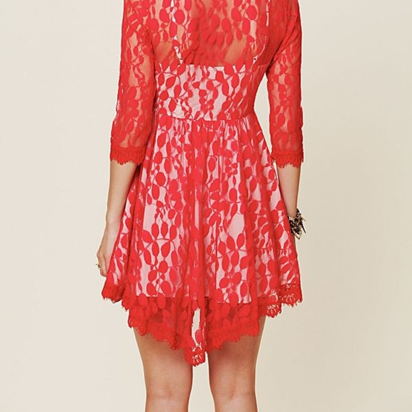 Free People | Red Floral Mesh Lace Dress - Picture 7 of 8